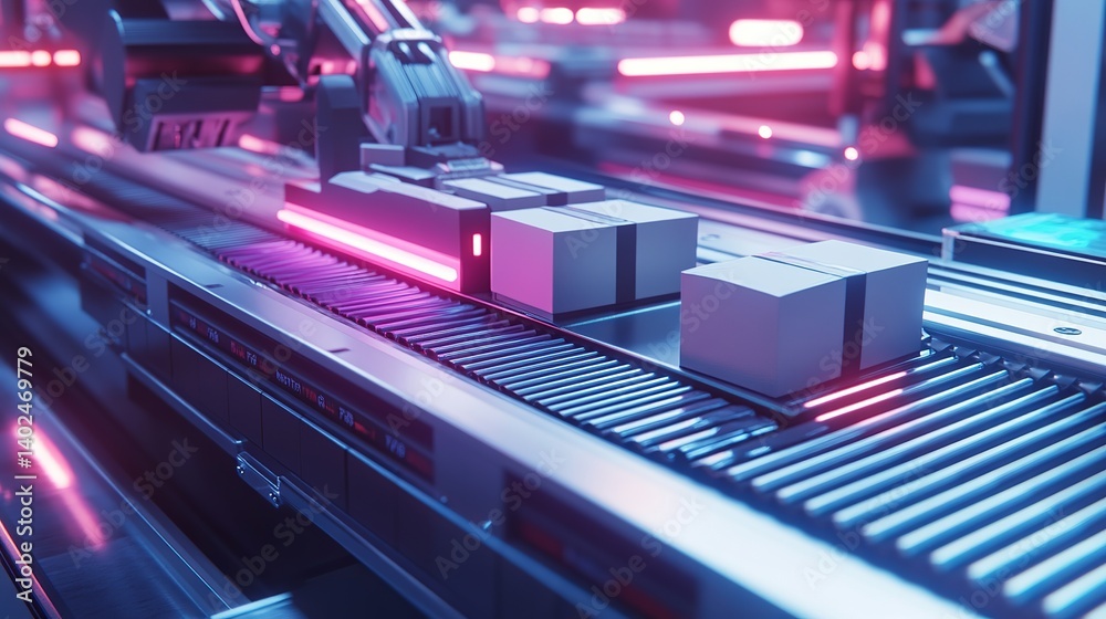 Futuristic automation: sleek conveyor system with packages in a neon-lit warehouse environment. Futuristic automation: sleek conveyor system with packages in a neon-lit warehouse environment.