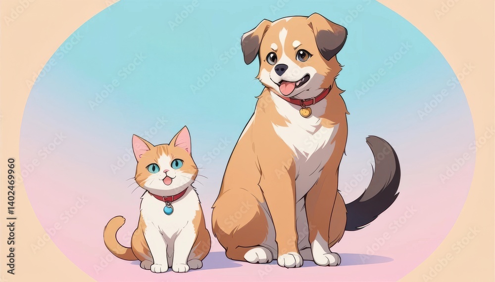 A cartoon dog and a cartoon cat are seated together. A cartoon dog and a cartoon cat are seated together.