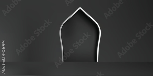 A minimalist white outline of a Mihrab or prayer niche, commonly found in mosques to indicate the direction of the Kaaba for prayer, set against a dark gray background.