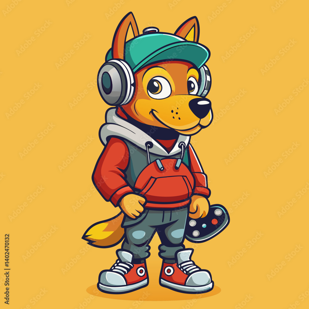 Fototapeta premium Trendy dog in hoodie, sneakers, and headphones, holding a skateboard—urban streetwear style with attitude.