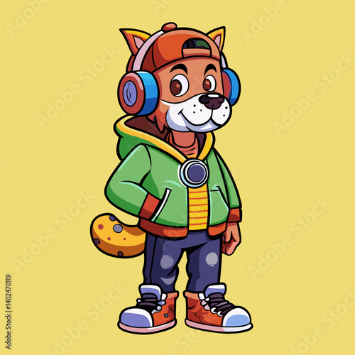 Trendy dog in hoodie, sneakers, and headphones, holding a skateboard—urban streetwear style with attitude.