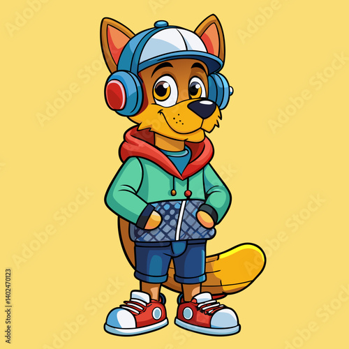 Trendy dog in hoodie, sneakers, and headphones, holding a skateboard—urban streetwear style with attitude.