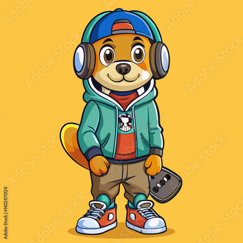 Trendy dog in hoodie, sneakers, and headphones, holding a skateboard—urban streetwear style with attitude.