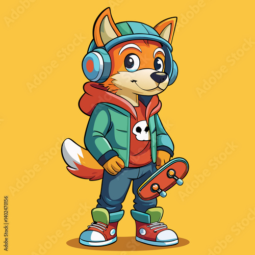 Trendy dog in hoodie, sneakers, and headphones, holding a skateboard—urban streetwear style with attitude.