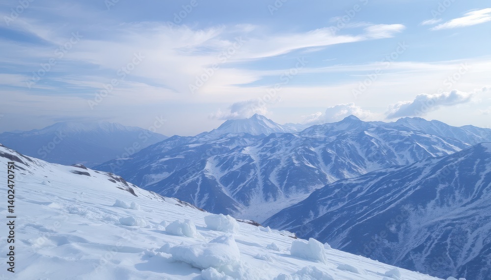 A landscape view of snow covered mountains under a sky of light blue with some clouds. A landscape view of snow covered mountains under a sky of light blue with some clouds.