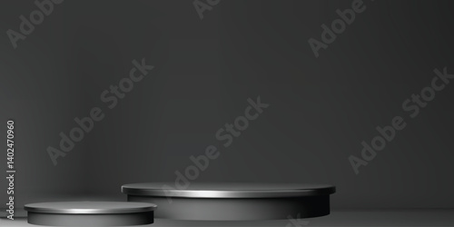 Two round, dark gray or black podiums of different heights on a matching dark gray background. Suitable for product displays or presentations with a sleek and modern aesthetic.