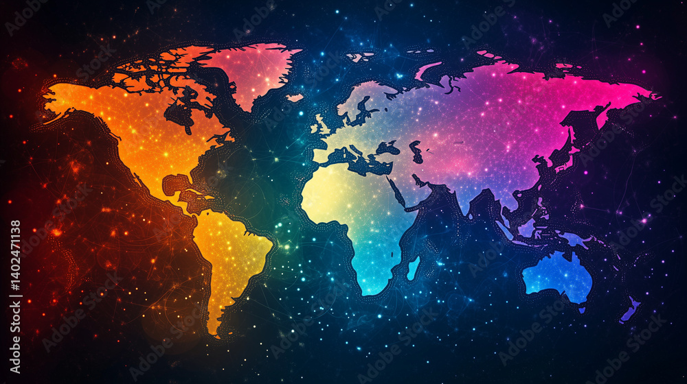 Fototapeta premium Artistic colorful world map design with abstract watercolor texture for travel, education, and global themed presentations