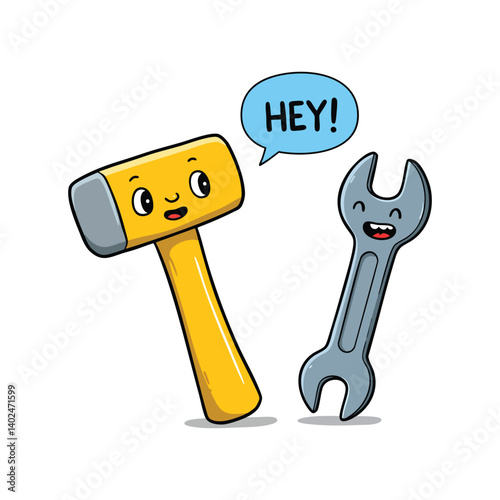 Cartoon hammer and wrench tools illustration with hey bubble on black background