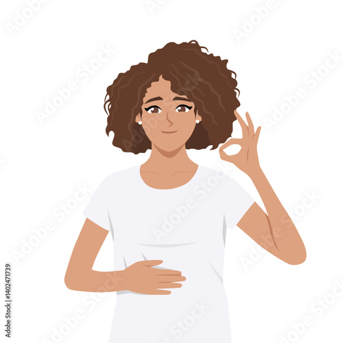 Woman gently holding her stomach with one hand and making an OK gesture.  Flat Vector character illustration