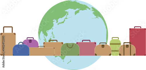 世界を旅するスーツケースと地球 ― 教育・旅行・ビジネスのグローバルイラスト