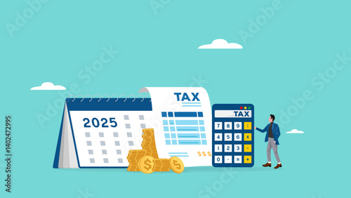 2025 annual income tax filing, Doing taxes accounting and annual financial paperwork, tax form or annual notification of monthly duty and debt, businessman standing near a big calculator tax