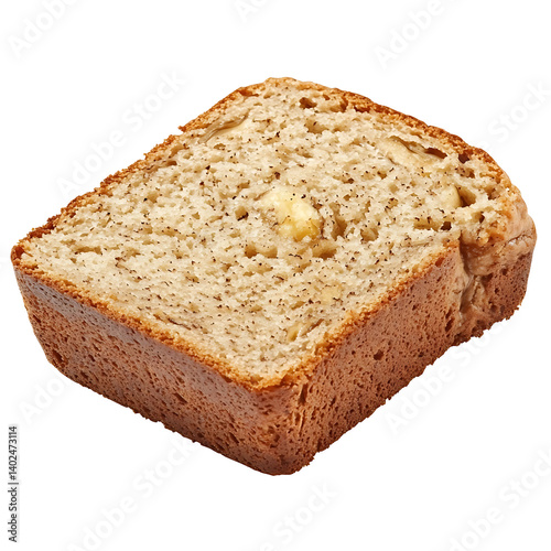 A thick slice of banana bread with soft crumb, visible banana chunks, and golden crust