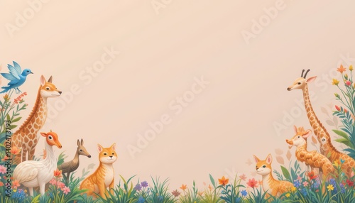 Wallpaper Mural The image depicts various creatures within a border of lush greenery and delicate floral arrangements. There are giraffes, deer, foxes, and a bird, all presented in a style. Torontodigital.ca