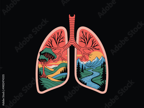 Breathe Nature Lungs Landscape T-Shirt Vector