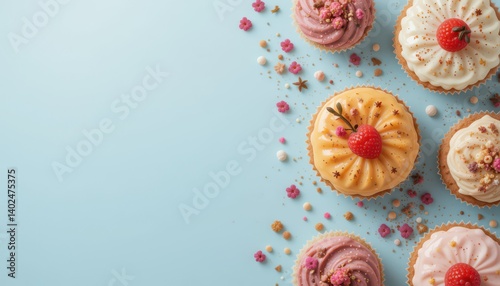 Displayed on a light background are several desserts and tiny flowers.