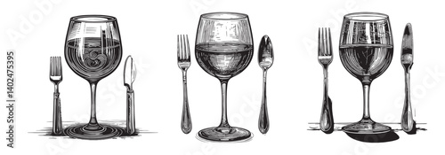 Elegant Line Drawings of Glassware with Fork and Knife Set