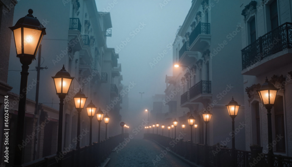 Fototapeta premium Misty street illuminated by vintage lampposts at night