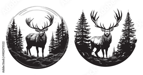 Majestic Deer Silhouette in Vintage Forest Landscape Art Design