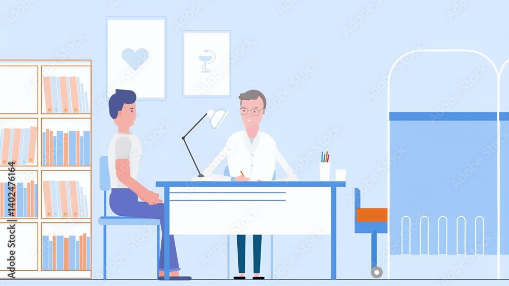 2D Animated illustration Scene of Conversation Between Male Doctor And Male Patient Around The Table At Doctor's Chamber. 2D Animated illustration Scene of Conversation Between Male Doctor And Male Patient Around The Table At Doctor's Chamber.