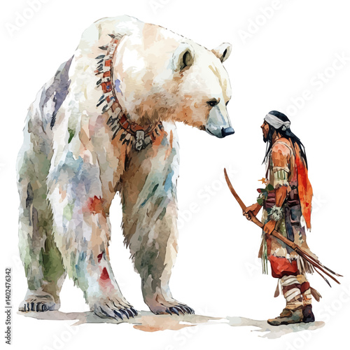 Native American Spirit Bear Guiding A Hunter, watercolor vector, isolated on a white background.