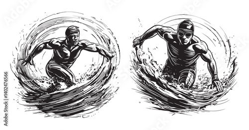 Dynamic Swimmers in Action Creating Waves in Black and White, logo design, engraving design, vector illustration