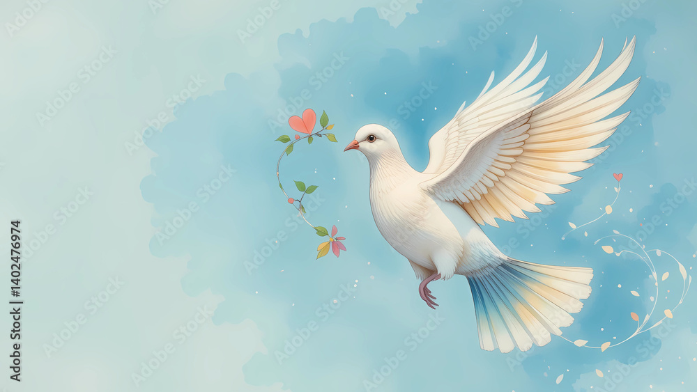 Fototapeta premium Elegant white dove flying in a pastel sky, holding a floral branch with heart-shaped petals. Symbol of peace, hope, and love in a soft, dreamy illustration style.