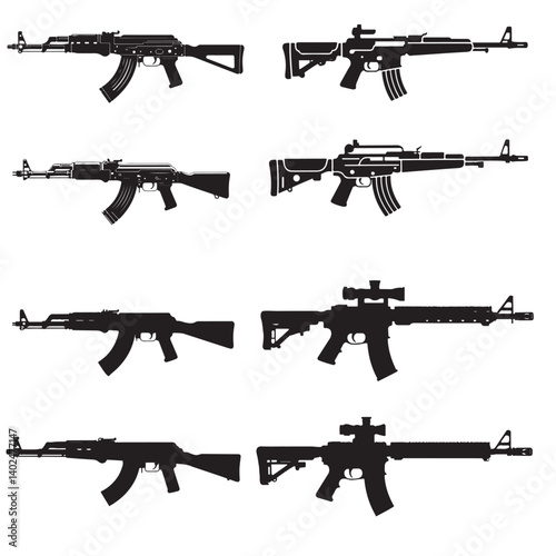 set of guns silhouettes. gun, weapon, rifle, war, military, silhouette, 