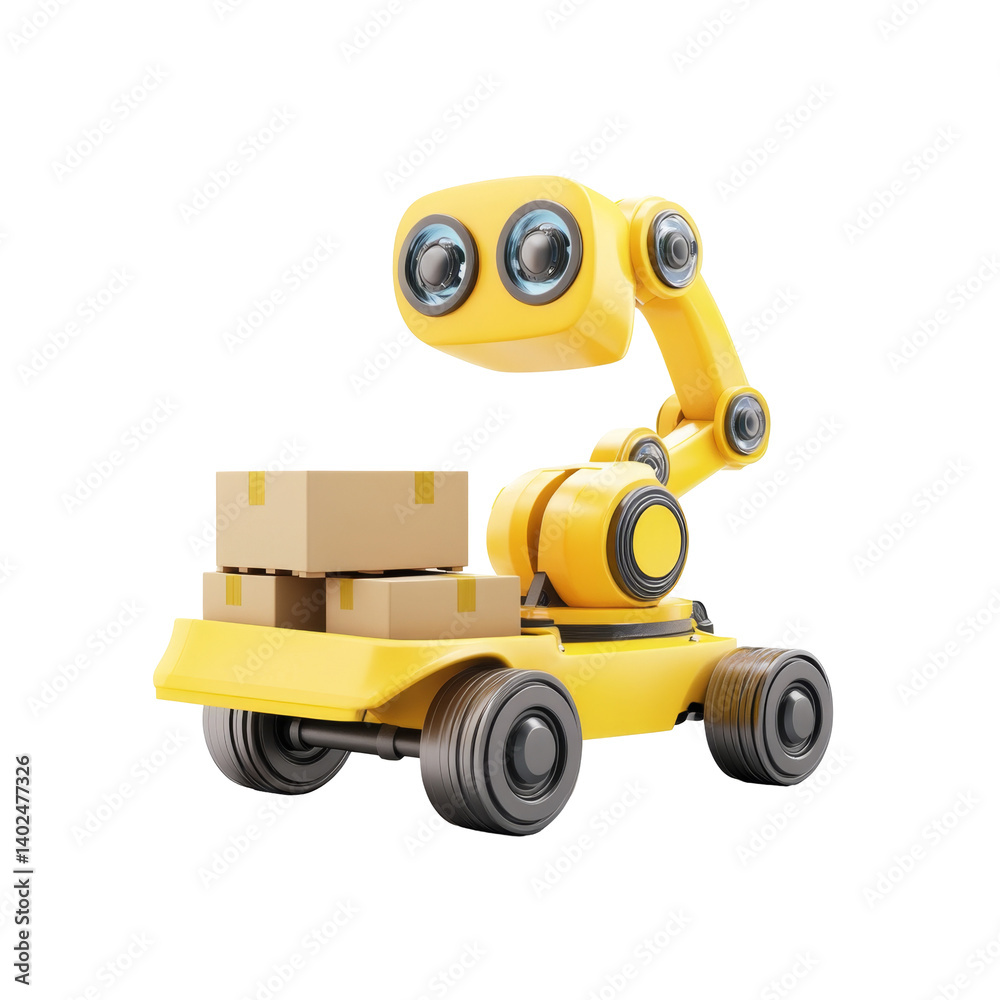 Fototapeta premium Yellow robot with boxes on wheels: efficient technology for easy automated transport tasks