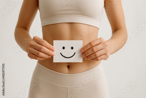 Athletic Woman Holding Smiley Face Card Over Stomach, Represents Happy Gut Health and Positive Body Image