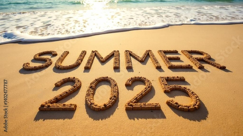 Summer 2025 written on the sandy beach, sea waves. Vacation concept