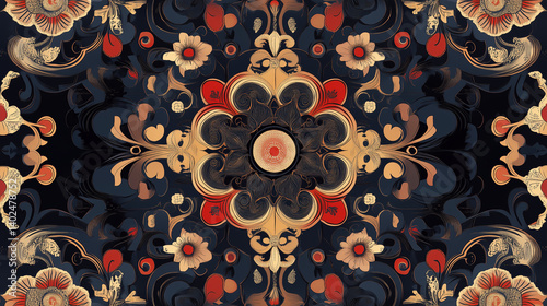 Ornamental floral abstract pattern with baroque elements and vintage colors in symmetrical artistic design

