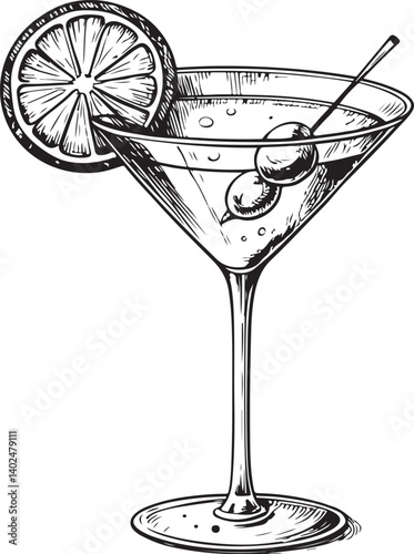 Cosmopolitan Cocktail Black and White Vector Illustration, Sketch Drawing Line Linear Symbol Icon Engraving, Hand-drawn Isolated