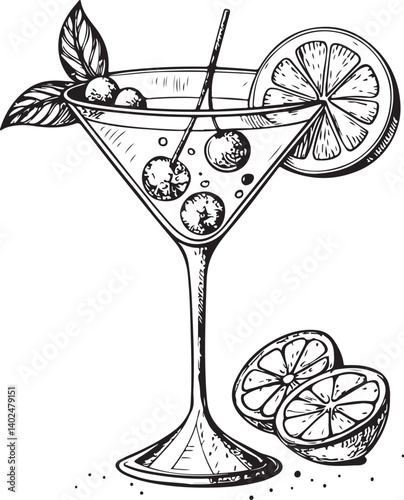 Cosmopolitan Cocktail Black and White Vector Illustration, Sketch Drawing Line Linear Symbol Icon Engraving, Hand-drawn Isolated