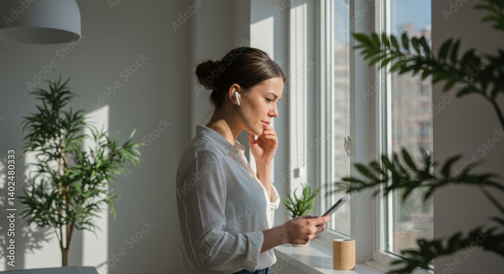 Woman stands by window holding phone with plants in bright room. Woman stands by window holding phone with plants in bright room.