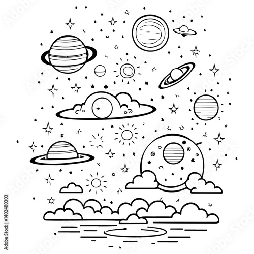 Hand-Drawn Celestial Scene, Planets, Stars, Clouds