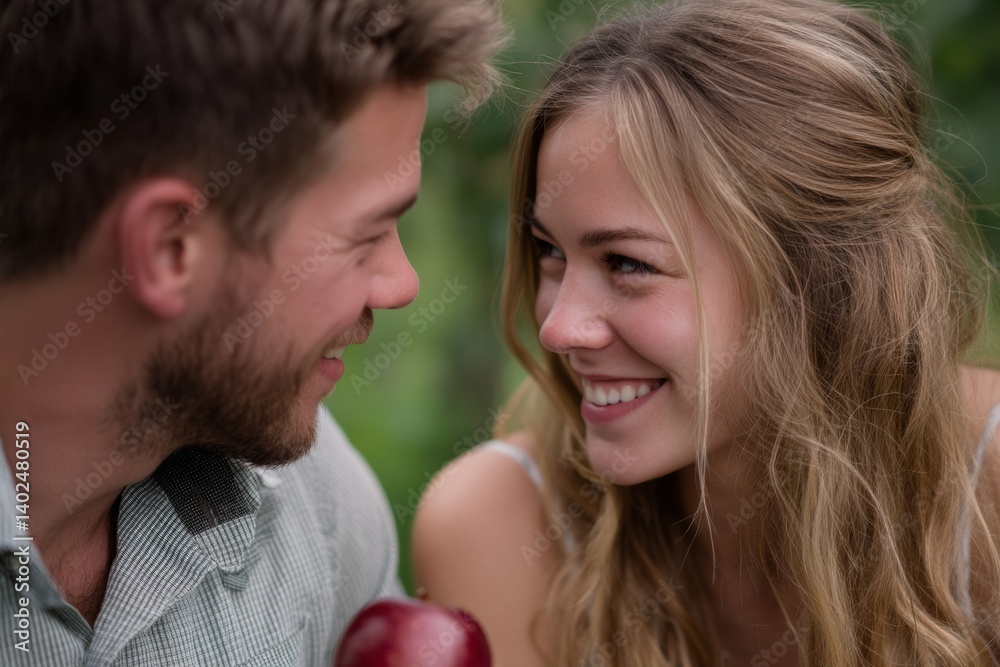 Smiling couple face to face in a garden setting, with blurred greenery in the background and a dark red apple in the foreground. Smiling couple face to face in a garden setting, with blurred greenery in the background and a dark red apple in the foreground.
