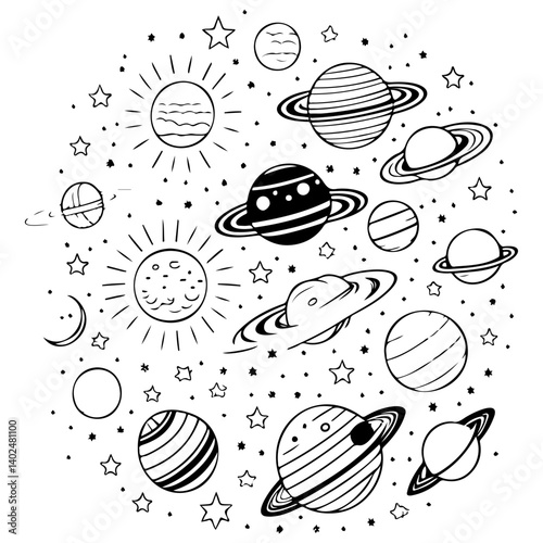 Outlines of the universe showing space exploration