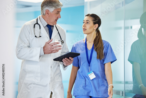 Teamwork, tablet or doctor with nurse at hospital for surgery schedule, planning or learning support. Clinic, healthcare and mature mentor surgeon with intern for digital app, checklist or teaching
