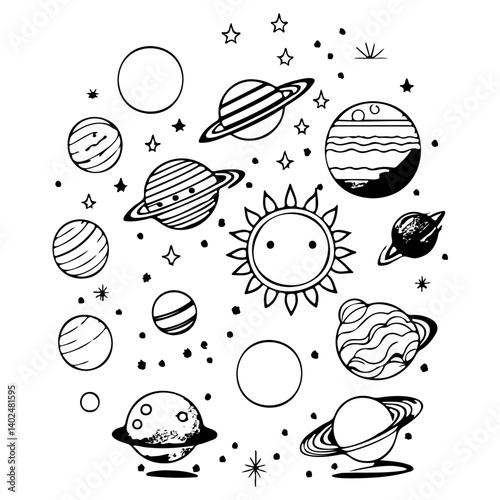 Planets and celestial bodies ink illustration