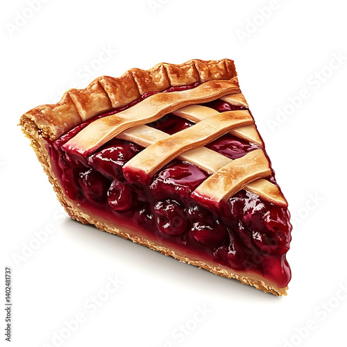 A thick slice of cherry pie with buttery crust, sweet cherry filling, and golden lattice top