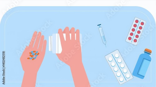 2D Animated illustration Scene Of Hands Emptying The Bottle Of Medicine Pouring Pills.