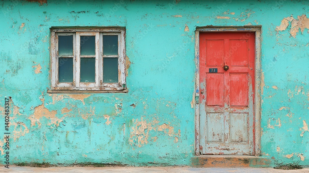 Distressed Turquoise Building with Red Door and White Window Distressed Turquoise Building with Red Door and White Window