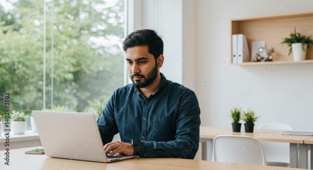 Man works on laptop at desk in bright room with window view. Man works on laptop at desk in bright room with window view.
