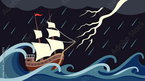 A majestic galleon braves a stormy sea, lightning illuminating the dark sky in this epic ocean voyage artwork.