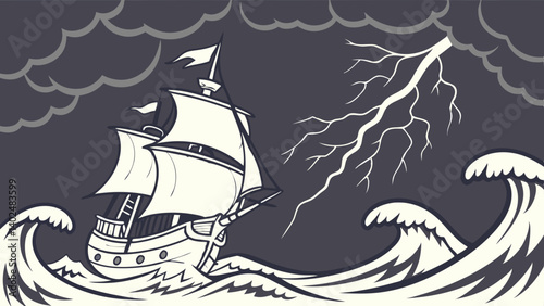 A majestic galleon braves a stormy sea, lightning illuminating the dark sky in this epic ocean voyage artwork.
