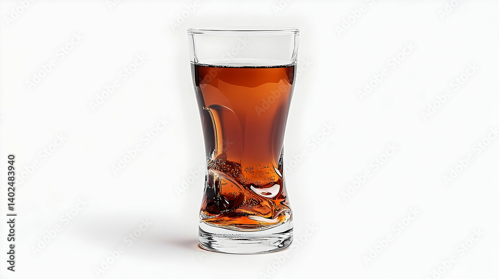A clear glass filled with dark brown liquid, set against a white background, emphasizing its clarity A clear glass filled with dark brown liquid, set against a white background, emphasizing its clarity