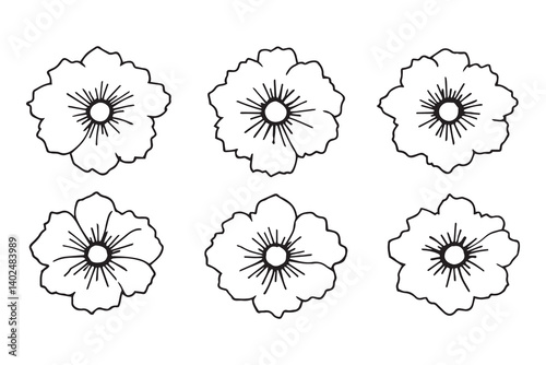 Set of 6 pec in two row  Hollyhock black line art on white background