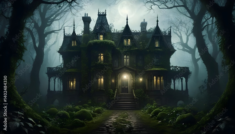 Obraz premium Enigmatic Mansion in a Misty Forest at Night