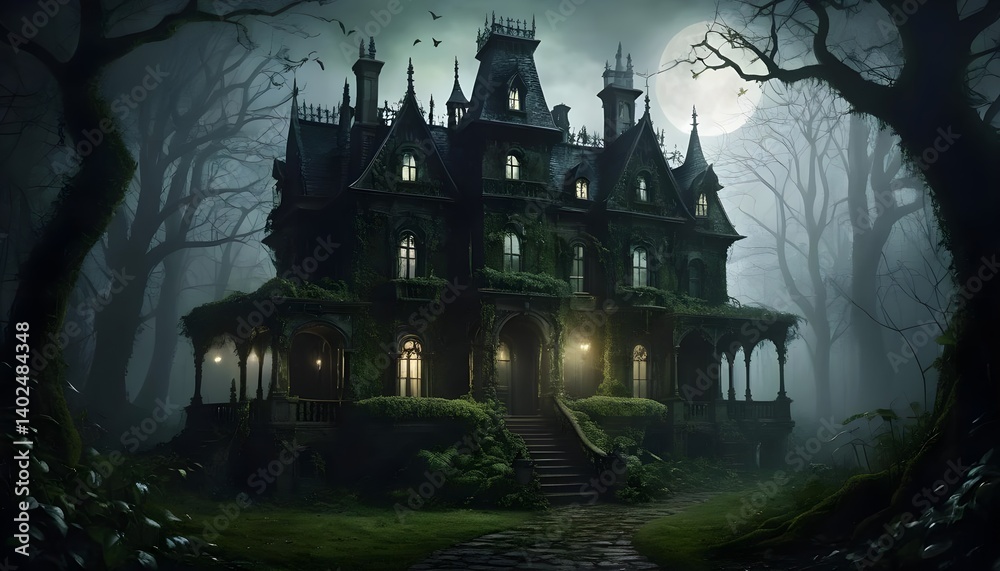 Obraz premium Mysterious Mansion in a Foggy Forest at Night
