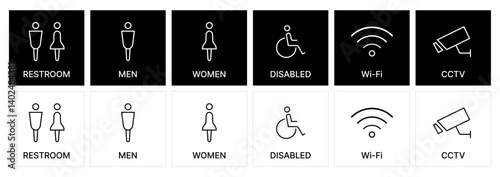 Public Restroom & Facility Sign Icons – Line Style. Toilet, Wi-Fi, CCTV Camera, Disabled Symbols.